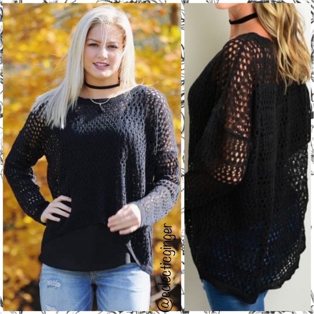Charcoal gray scoop neck open knit high low lightweight sweater Small S Medium M